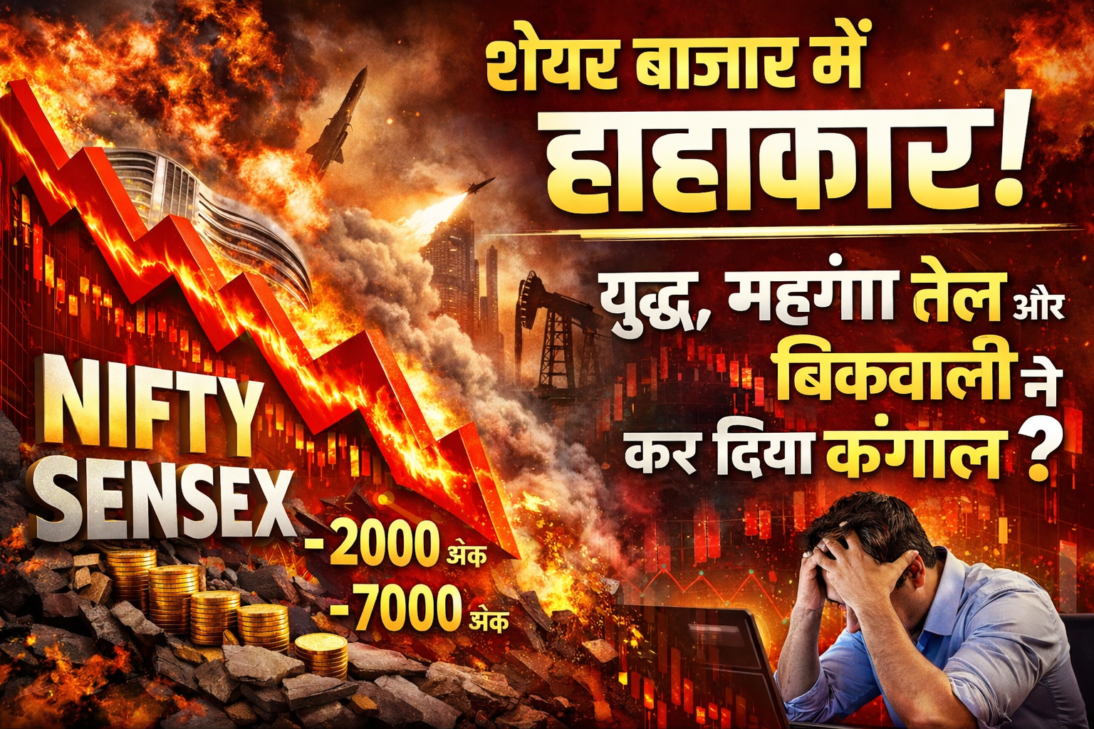 भारतीय शेयर बाजार में गिरावट को दर्शाती ग्राफिक जिसमें Nifty और Sensex में भारी गिरावट, मिडिल ईस्ट युद्ध और महंगे कच्चे तेल का प्रभाव दिखाया गया है